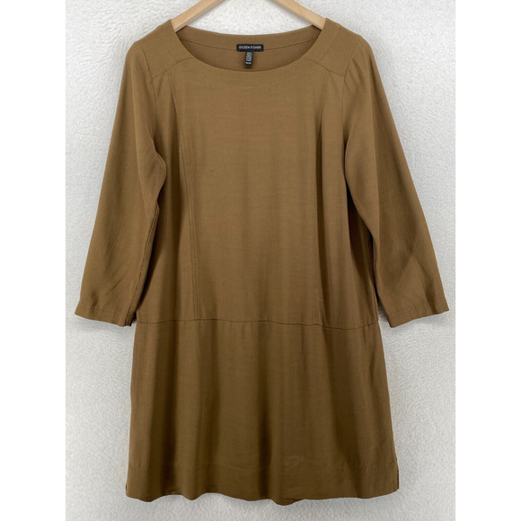 Eileen Fisher Dresses & Skirts - EILEEN FISHER Dress XS Shift Tencel Viscose Scoop Neck Long Sleeve Brown